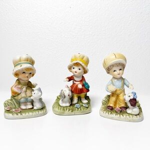 Vintage Homco Porcelain Bonnet Girls & Boy Cat & Dogs Figurine Set